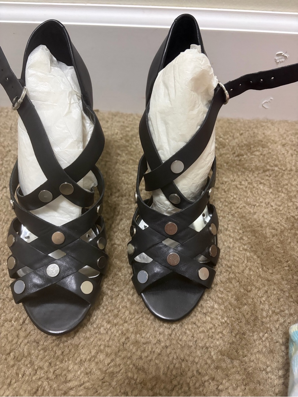 BCBG Paris Black Studded Crisscross Leather Heels